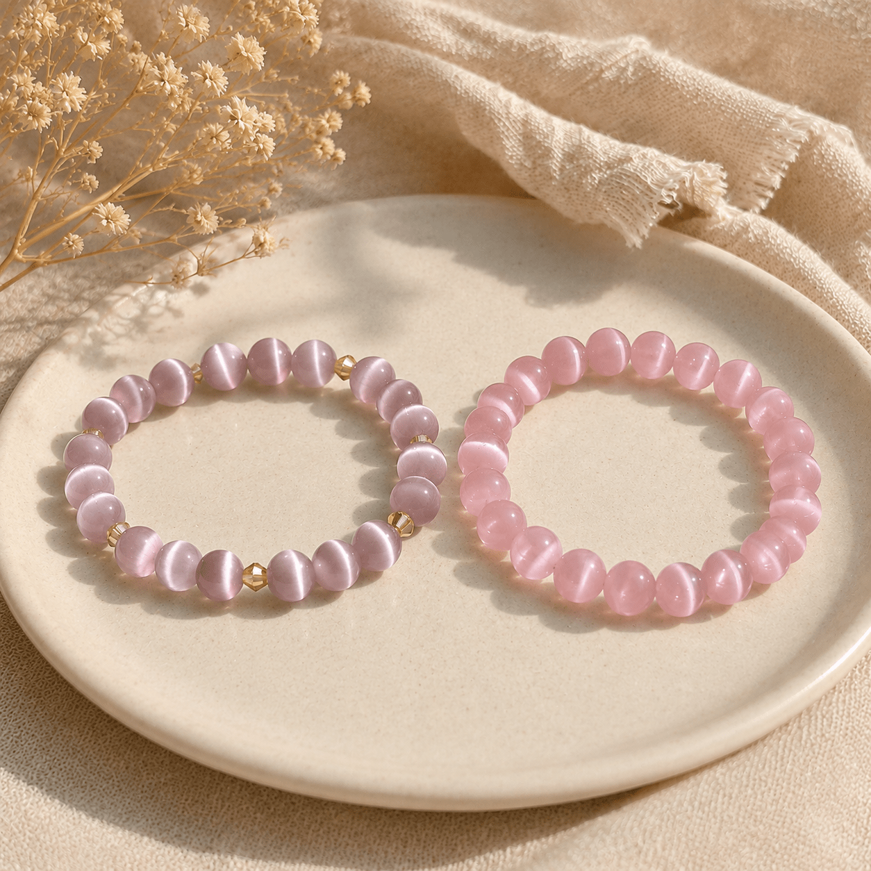 2pc Purple & Pink Cat Eye Stone Beaded Bracelet Set, Elegant Layered